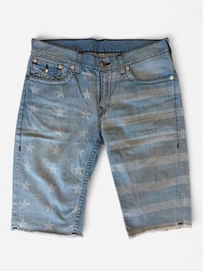 True Religion Light Blue Denim Jean Shorts Jorts with Stars & Stripes Fade 34